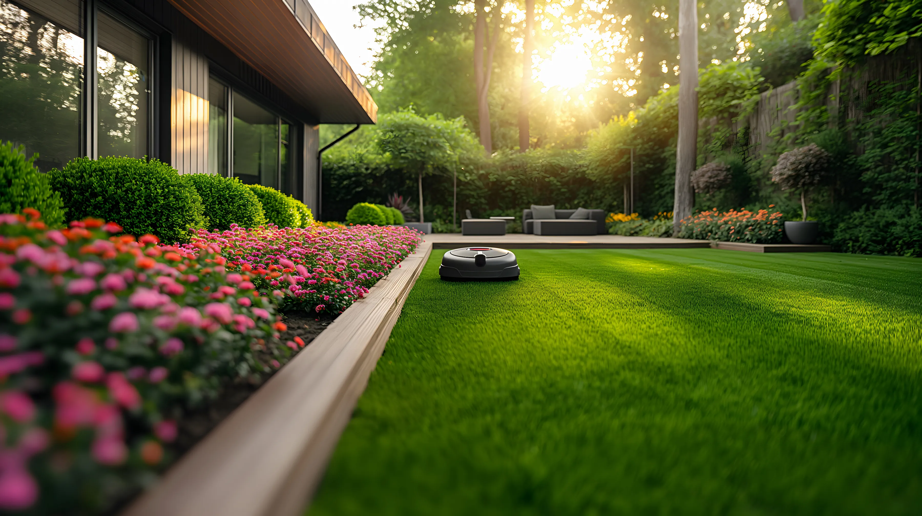 Rasenroboter auf einer grünen Wiese vor einem Haus